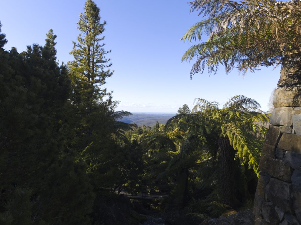 View from above the falls on Fountain Terrace looking out across Mount Tomah Botanic Garden
