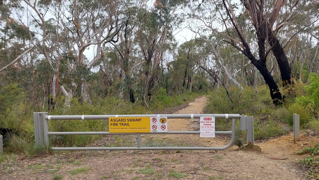 Image shows the gate at the entry to the Asgard Swamp fire trail in Mount Victoria with clear sign on the gate