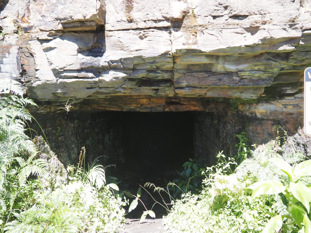 The entrance to the Mackenzie coal mine as seen from outside. An opening with a tunnel can be seen underneath an overhanging rock shelf.