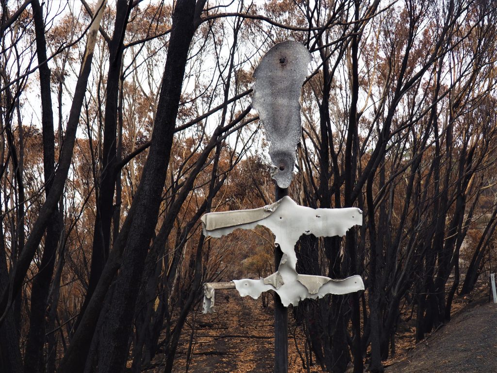 Burned road sign on the Bells Line of Road near Bilpin after the Grose Valley fire