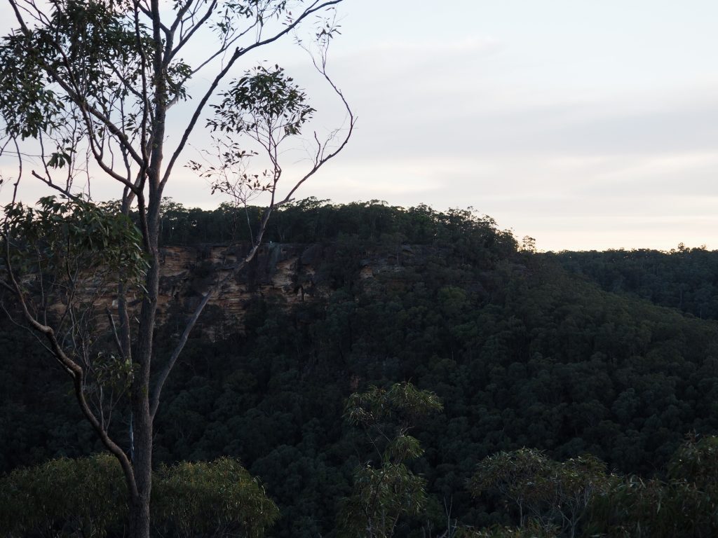 Standing at Martins Lookout in Springwood looking across the valley at Lost World Lookout where a white cross is just visible, a memorial to Reverend Raynor
