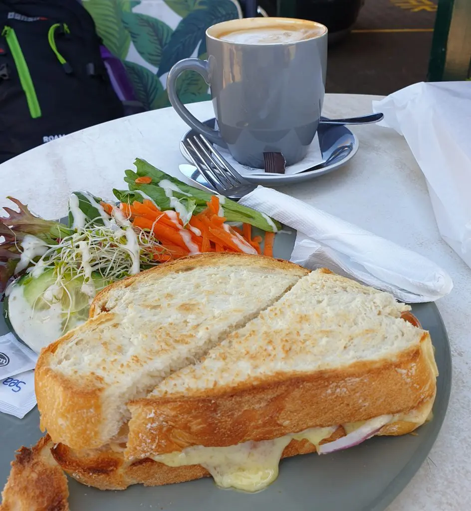 Toasted sandwich with salad and a coffee at Schwarzes bakery in Wentworth Falls