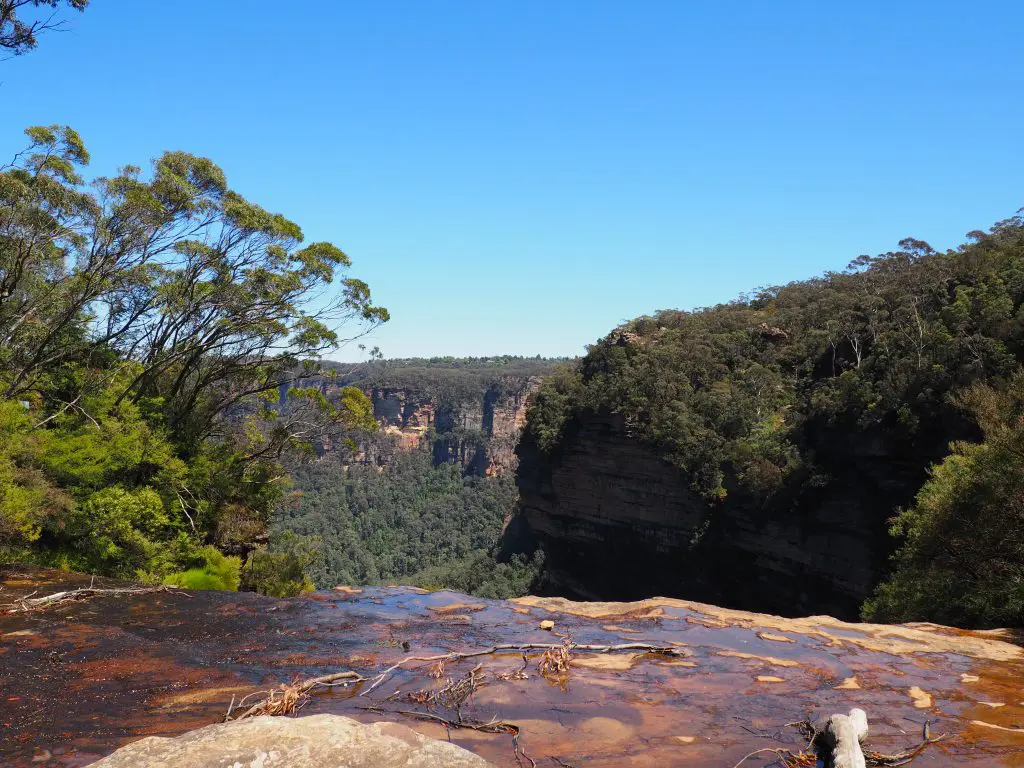 Looking out over the top of Wentworth Falls into the Jamison Valley 