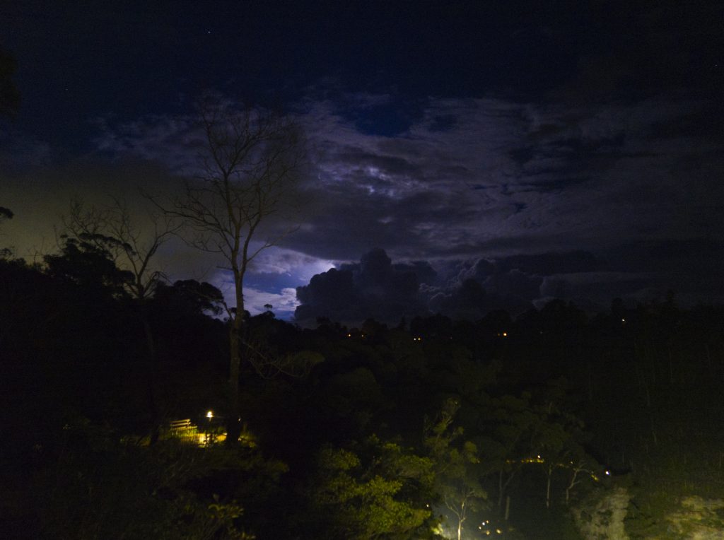 LIghtning lighting up the sky over Katoomba Falls on the Katoomba Falls Reserve night walk