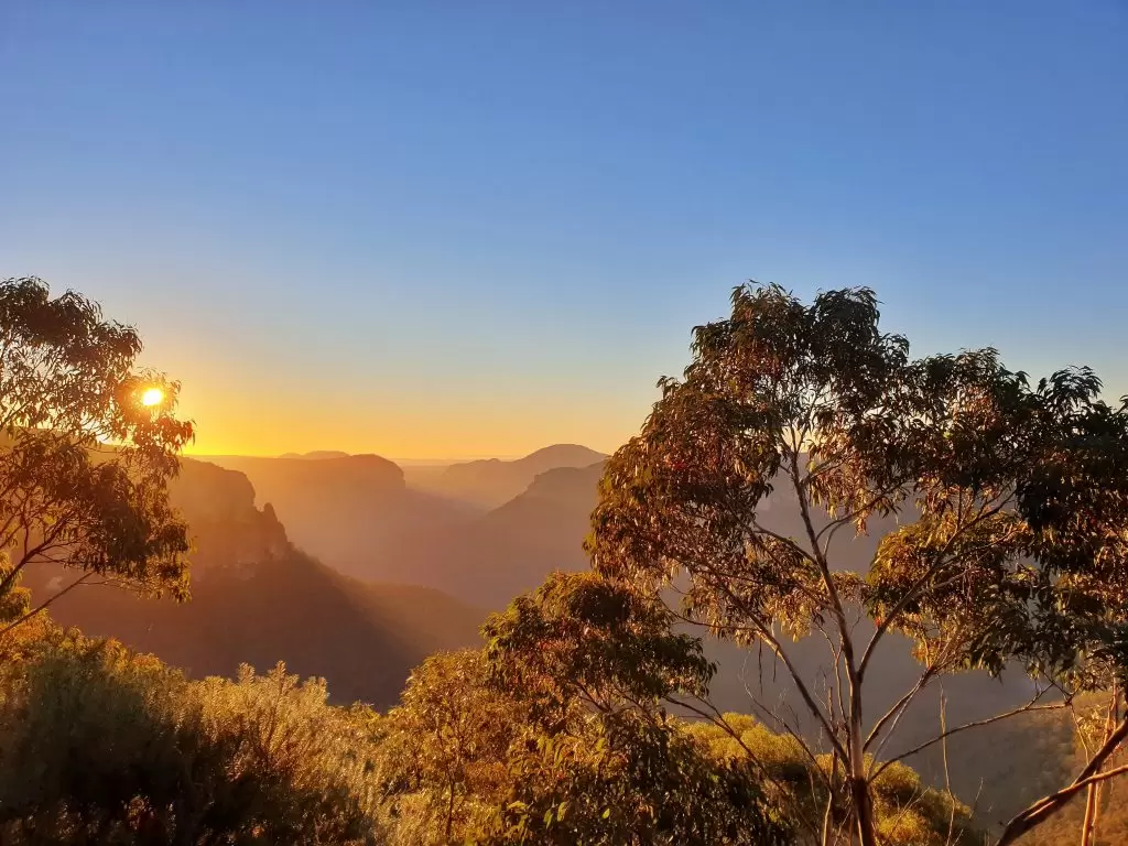 Photo of sunrise taken at Govetts Leap in Blackheath. The sun is seen rising over the ranges and golden light is hitting the trees in the foreground