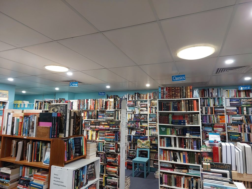 Image of bookshelves in Blue Dragon books in Glenbrook. A Blue chair sits against one of the set of shelves