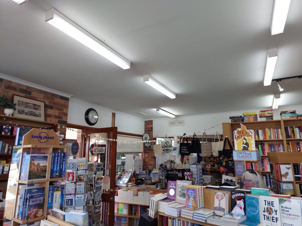 Inside the new book half of the Gleebooks store in Blackheath. Flourescent lights can be seen across the ceiling, the walls are brick and windows which look out into the arcade.